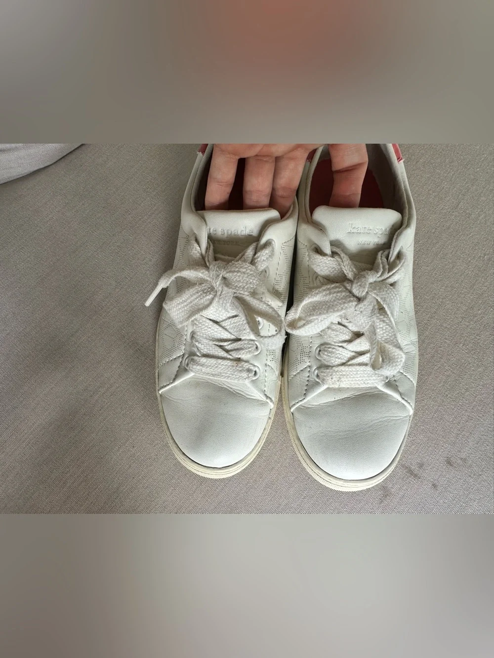 Kate spade Women's White Leather Sneakers with Pink Heel Accent